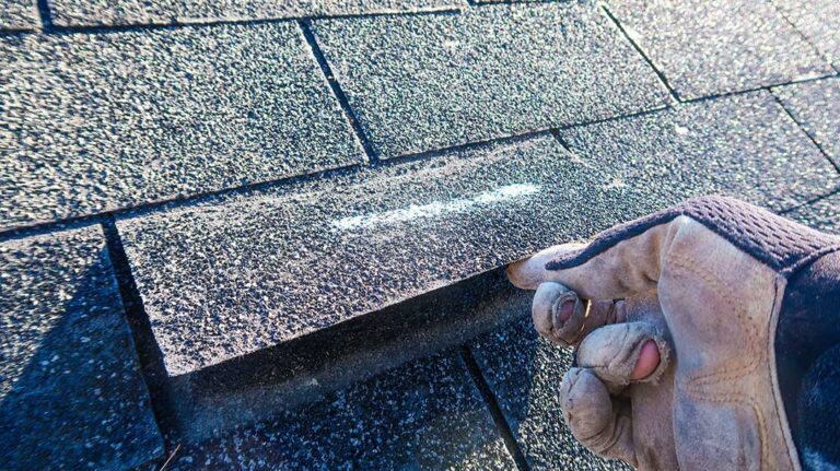 Homeowner inspecting a dry shingle roof from a secured ladder with safety equipment nearby.
